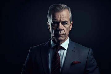 Fototapeta premium Portrait of mature businessman in suit looking at camera on black background.Generative Ai