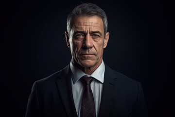 Fototapeta premium Portrait of mature businessman in suit looking at camera on black background.Generative Ai