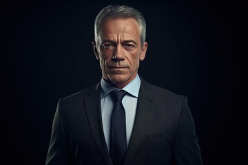 Fototapeta premium Portrait of mature businessman in suit looking at camera on black background.Generative Ai