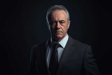Fototapeta premium Portrait of mature businessman in suit looking at camera on black background.Generative Ai