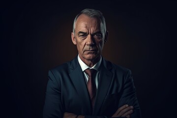 Fototapeta premium Portrait of mature businessman in suit looking at camera on black background.Generative Ai
