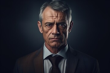 Fototapeta premium Portrait of mature businessman in suit looking at camera on black background.Generative Ai