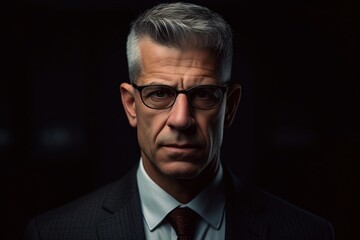 Portrait of mature businessman in suit looking at camera on black background.Generative Ai