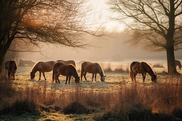 Fototapeta premium some horses grazing in the grass and trees at sunset, with sunlight reflecting off the horse's manes