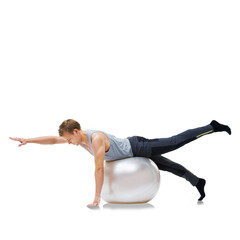 Man, exercise ball and pilates workout with athlete and fitness training with balance. Male person,...
