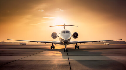 Fototapeta na wymiar Modern private jet at at airport with sunset view created with Generative AI