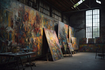 an artist's studio with lots of paint on the walls and eases in front of large open windows