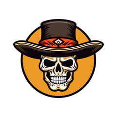 An intricately detailed skull wearing a cowboy hat vector clip art illustration, showcasing the fusion of darkness and cowboy culture, perfect for edgy designs and rock-inspired artwork