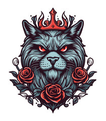 Angry Cat head with flower decoration vector clip art illustration