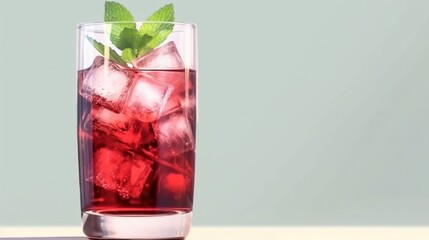 Collins glass of red wine cocktail mixed with ice cube, mint leaves and lime, generative AI