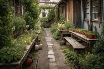 an alley with lots of plants and pots on the side walk way, in front of a wooden house