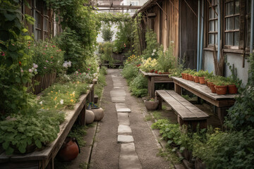 Obraz premium an alley with lots of plants and pots on the side walk way, in front of a wooden house