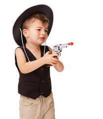 Cowboy, boy child play with a toy gun and happy isolated against a transparent png background....