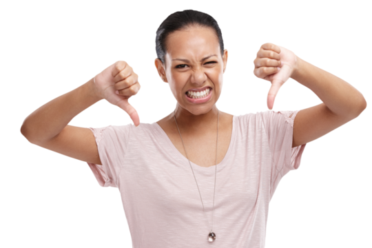 Anger, thumbs down and fail with portrait of woman on transparent background for disappointed, vote and wrong. Opinion, decision and frustrated with person isolated on png for sign, mad and review