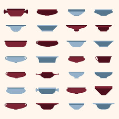 Vector flat illustration set pottery. Various plates for food. Decorative dish for meal. Pottery workshop icons set. Product made on a potters wheel. Traditional crockery