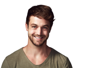 Happy, smile and portrait of a young man with a positive mindset and casual, cool and stylish outfit. Happiness, excited and headshot of a handsome male model isolated by a transparent png background