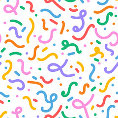 Fun colorful line doodle seamless pattern. Creative minimalist style art background for children or trendy design with basic shapes. Simple childish scribble backdrop