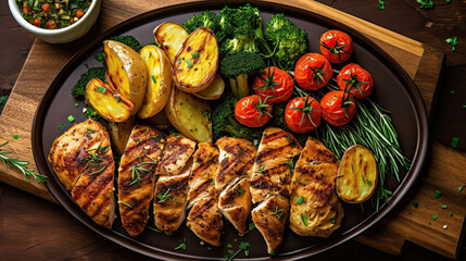 chicken, potatoes and vegetables on a wooden cutting board with a bowl of salad in the background is dark wood