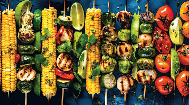 grilled vegetables and chicken sked on ske skes with corn, tomatoes, avocaments, limes, peppers