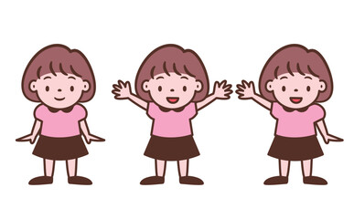 バンザイ・喜ぶ・挨拶・ノーマルな女の子の可愛いポップな子ども・キッズの全身ベクター人物イラスト素材_茶色線
