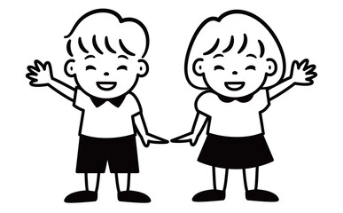 仲良しな手を挙げる笑顔の男の子と女の子の可愛いポップな子ども・キッズの全身ベクター人物イラスト素材_モノトーン線画