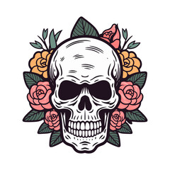 skull head with flower and leaf decoration vector clip art illustration