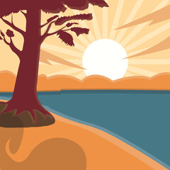 Fototapeta na wymiar Summer Sunset Serenade Illustrate a Vector Landscape of a Beautiful Sunset, Complete with Silhouettes of Palm Trees and Birds