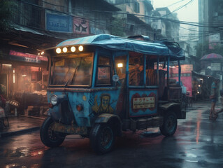 Fototapeta na wymiar Dilapidated passenger bus in the wet old city street