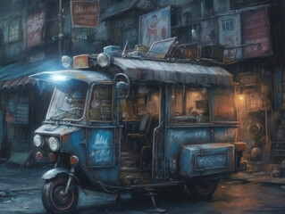 Dilapidated passenger bus in the wet old city street