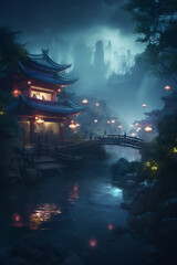 Traditional Chinese architectural style garden courtyard at night.