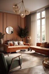 Fototapeta premium A luxurious and elegant mid-century modern interior design concept for a spacious living room. Generative AI