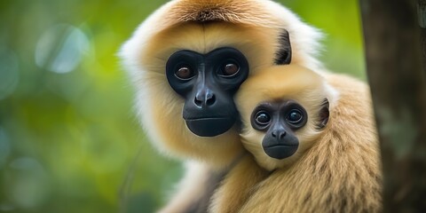 Obraz premium A female chimpanzee with a baby on mangrove trees