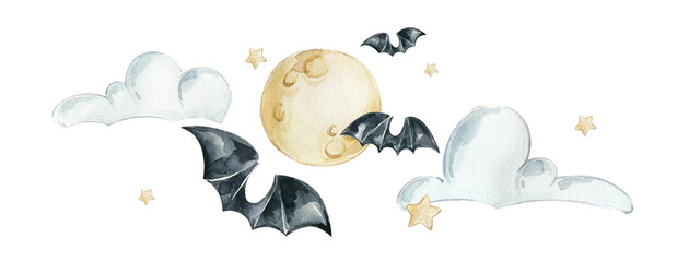 Obraz premium Cute Halloween background, catoon moon, clouds and bats