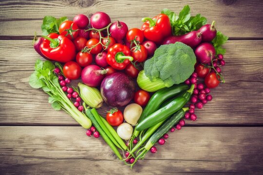 vegetables on wooden table,Garden's Delight: A Heart-Shaped Display of Colorful Vegetables on a Wooden Table, Bathed in Sunny Summer Light, Radiating Vibrant Hues of Health and Nourishment