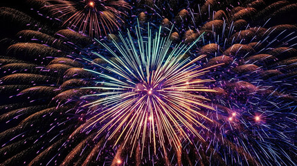 fireworks in the night sky with colorful lights on top and blue, green, purple and red colors around it