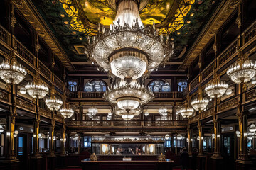 Obraz premium the inside of a building with chandels hanging from the ceiling to the floor and lights on the walls