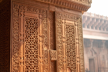 Architectural detail of the Mughal era Agra Fort in Uttar Pradesh, India.