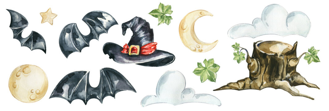 Watercolor Halloween clipart, cartoon horror klipart.