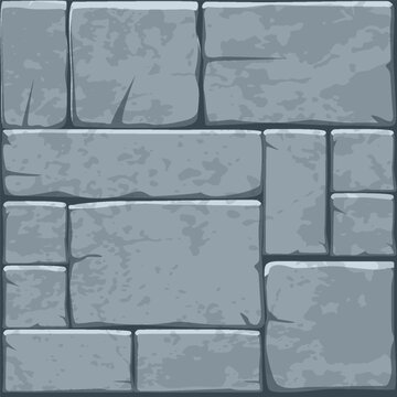 Cartoon stone pavement seamless pattern, brick wall texture, cracked rock paver. Blocks background, ancient old mosaic.