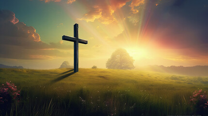 cross of Jesus standing on a green hill pasture with the sunset illustration