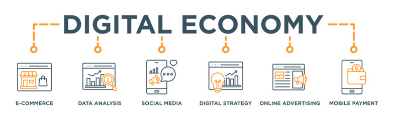 Digital economy banner web icon vector illustration concept with icon of e-commerce, data analysis, social media marketing, digital strategy, online advertising, mobile payment