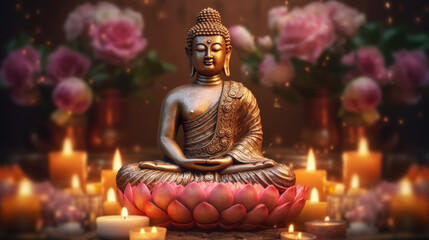 Buddha statue in meditation with lotus flower illustration