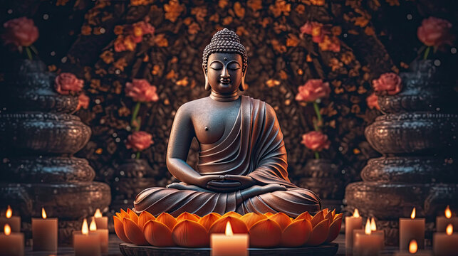 Buddha statue in meditation with lotus flower illustration