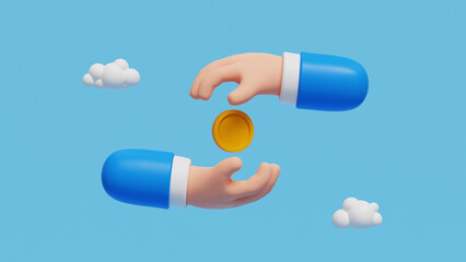 Cashback and money refund concept. 3D hands in business attire taking care of golden coin. Online payment on blue background. 3d rendered illustration