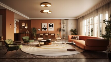 A luxurious and elegant mid-century modern interior design concept for a spacious living room. Generative AI