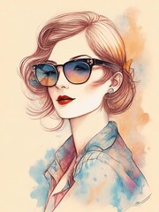 Retro art of a woman with sunglasses, watercolors