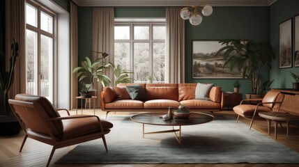 A luxurious and elegant mid-century modern interior design concept for a spacious living room. Generative AI
