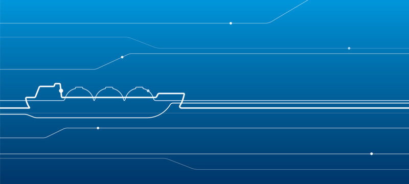 Sea transport. Gas carrier. Cargo ships in outlines. Abstract line illustration for your project. White outline image on blue background. Vector design art
