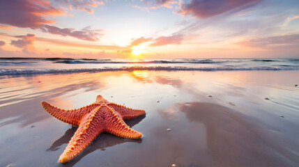 Fototapeta na wymiar red starfish on the beach created with generative ai