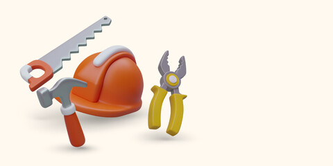 Set of tools for work. Everything for repair and construction. Online catalog of manual equipment. Realistic saw, hammer, pliers, safety helmet. Color poster on pastel background